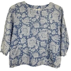 Hot Cotton Linen Blend Top Women's M Blue Floral Boxy Boho Tropical Beach Resort